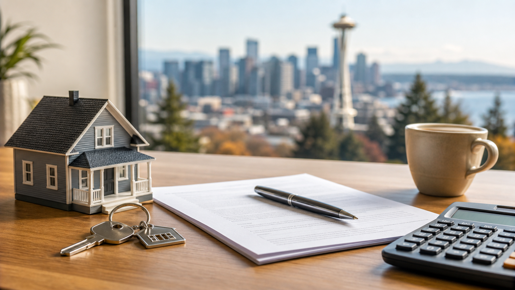 A modern desk with a house key, model house, mortgage closing documents, a calculator and pen, with a blurred Pacific Northwest skyline through the window — illustrating Washington State home closing costs