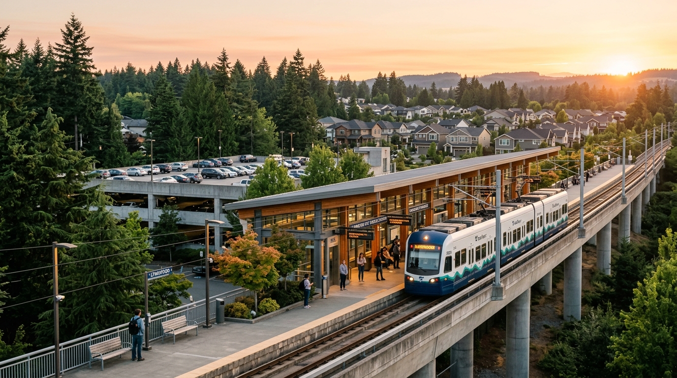 Snohomish County street with light-rail station area and Boeing-adjacent neighborhoods — Everett vs Lynnwood for aerospace and tech buyers